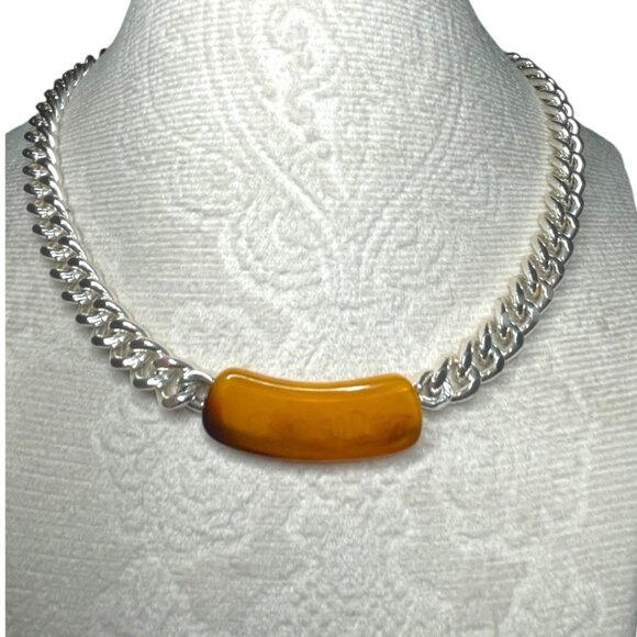 GIVENCHY VINTAGE SILVER TONE NECKLACE CHAIN FAUX AMBER 5/16 " X 16" - Picture 2 of 10